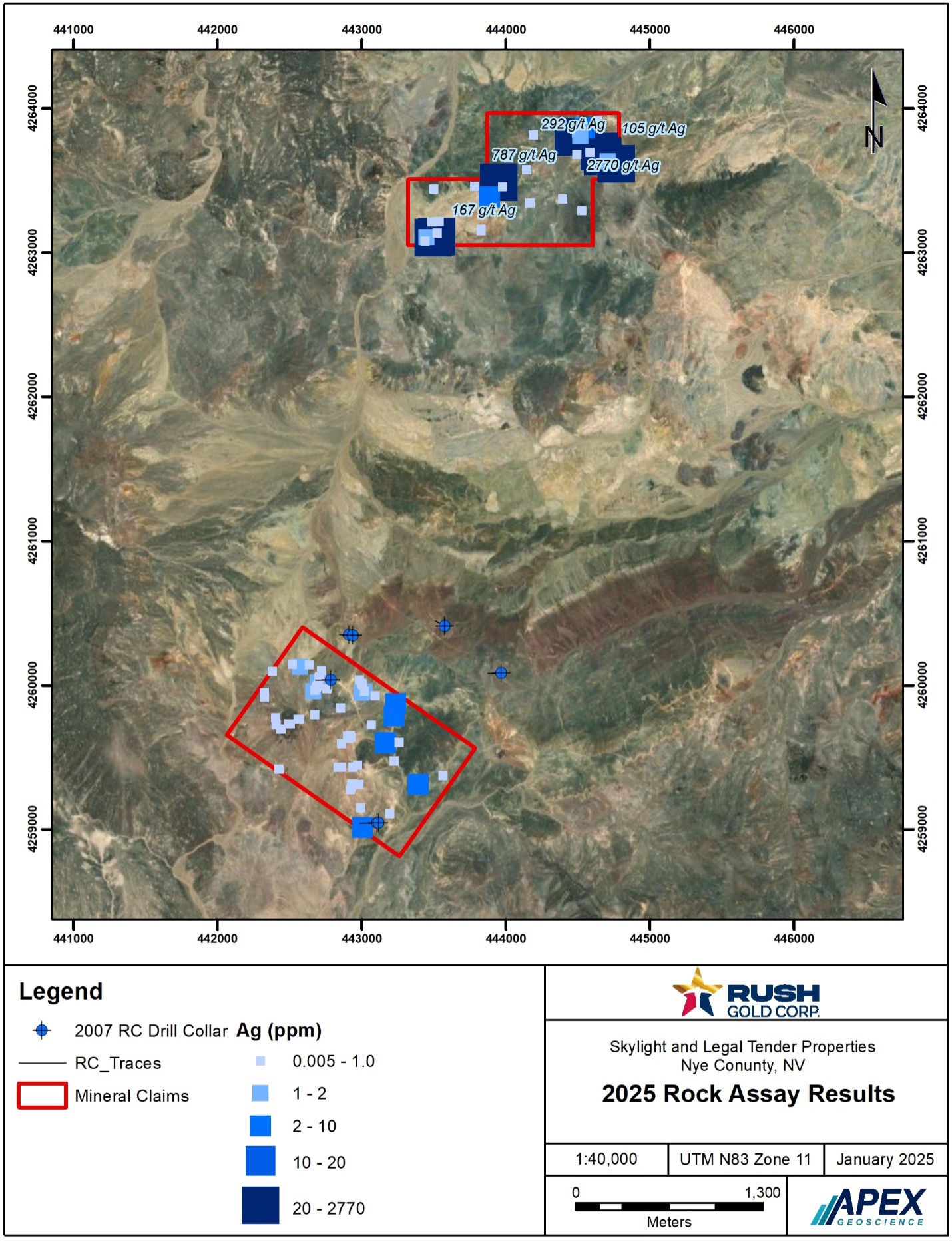 Company-published 2025 silver sampling map covering both the Legal Tender and Skylight properties
